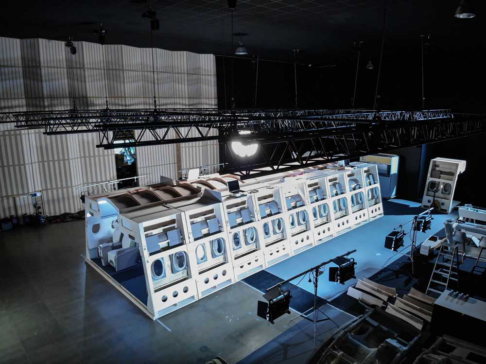 Exterior view of airplane set ready for filming