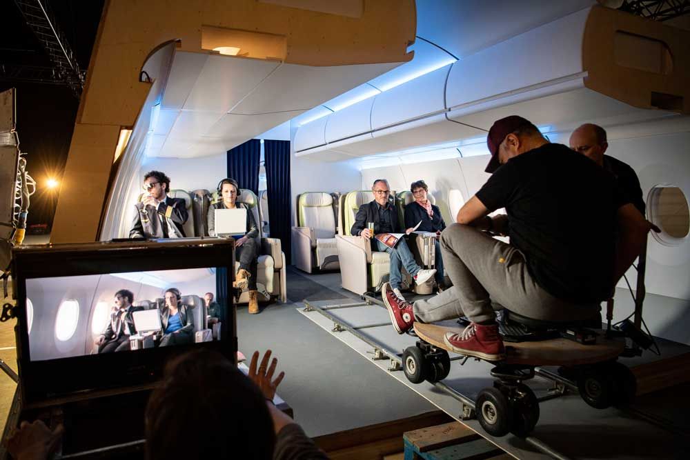Business class airplane scene filming